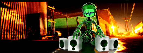 Image of a small green robot standing in an alleyway with a bright orange sunset in the background over 4 speakers leaning on 2 of them in a small puddle of water for a beats for budgets banner promo to buy or license hip hop rap beats