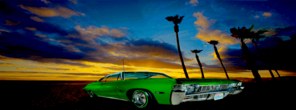 Image an old school car painted a bright green sitting on the beach with palm trees in the background to the right at sunset