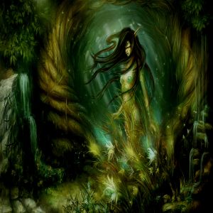 Image of an elf woman in a primordial jungle for a hip hop rap beat titled primordial