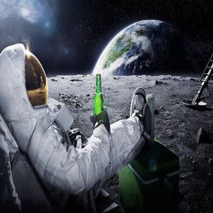 Image of an astronaut sitting down chilling on the moon with the earth in the background holding a beer for a hip hop rap beat titled rock wit me