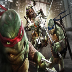 Image of TMNT Teenage Mutant Ninja Turtles running into action on rooftops for a hip hop rap beat titled ninja turtle