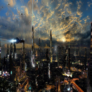 Image of a futuristic city scape at dusk with tall slender sky rises and a flying vehicle in the upper left moving towards the city for a hip hop rap beat titled utopia