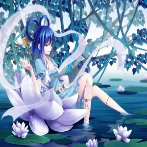 Anime image of a girl sitting in a large lotus flower floating on water beneath tree leaves a for hip hop rap beat titled mountain lotus
