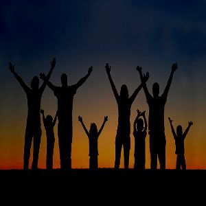 image of 8 people with their arms up as if praising with a sunset in the background for a hip hop rap beat titled all hail